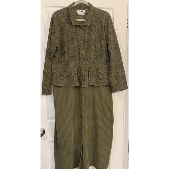 Flax Dresses & Skirts - VTG Flax Shirt Dress‎ MED Green Corduroy Floral Embroidery 100% Cotton Lagenlook
